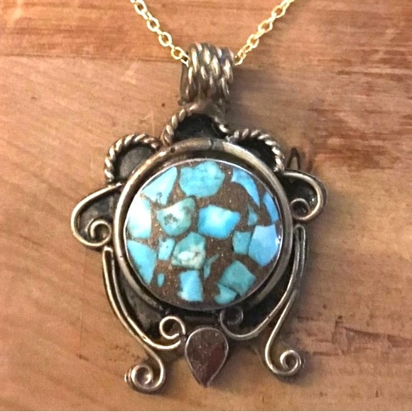 Tibetan Turquoise Marble Shatter Ethnic Ornate Southwest Native American Pendant - Picture 1 of 9